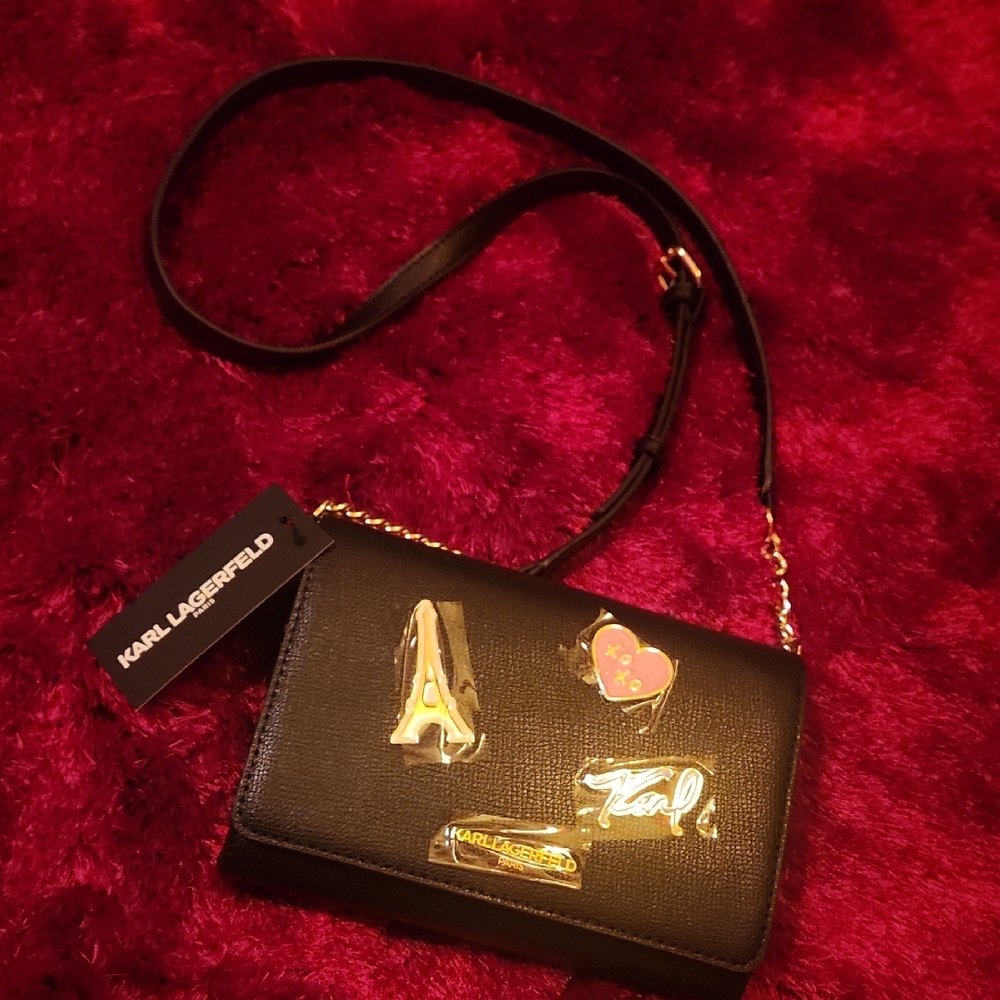 Karl Lagerfeld Black Crossbody Bag with Gold Accents